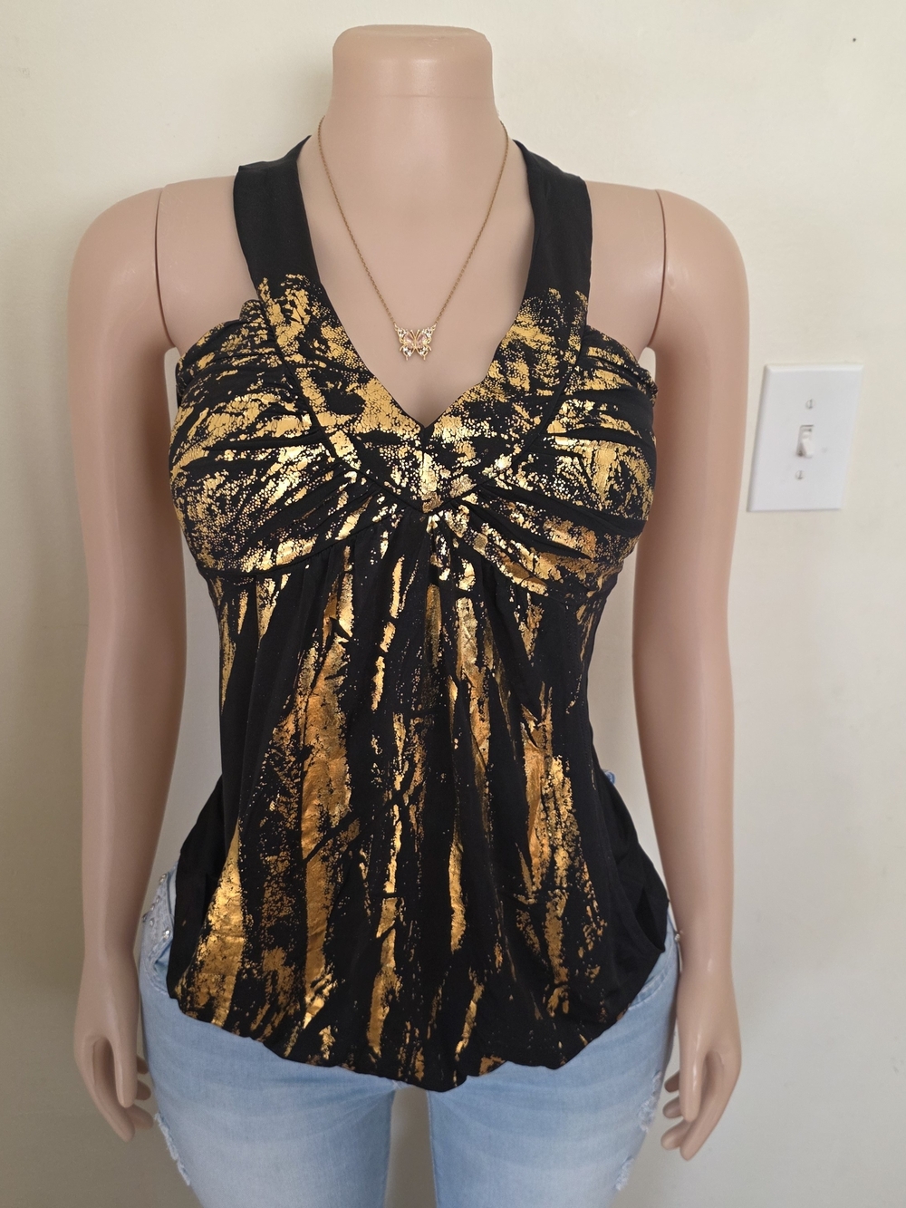 Black & Gold Foil V-Neck Women's Tank Top
